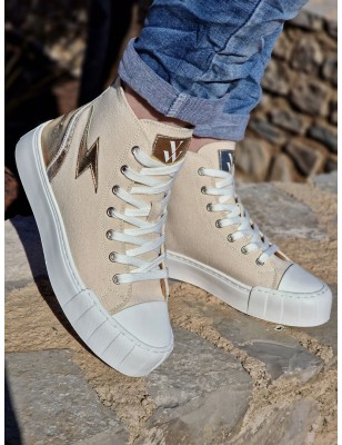Baskets montantes Vanessa Wu BK2570 Laure en toile beige avec éclair or
