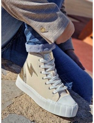 Baskets montantes Vanessa Wu BK2570 Laure en toile beige avec éclair or