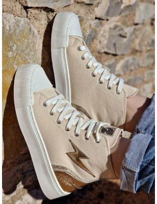 Baskets montantes Vanessa Wu BK2570 Laure en toile beige avec éclair or