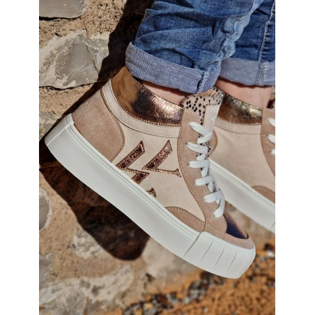 Baskets montantes Vanessa Wu BK2556 Suzie suédine beige et rose gold avec languette léopard
