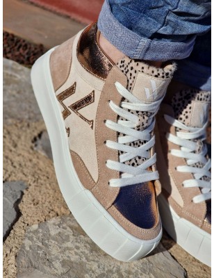 Baskets montantes Vanessa Wu BK2556 Suzie suédine beige et rose gold avec languette léopard