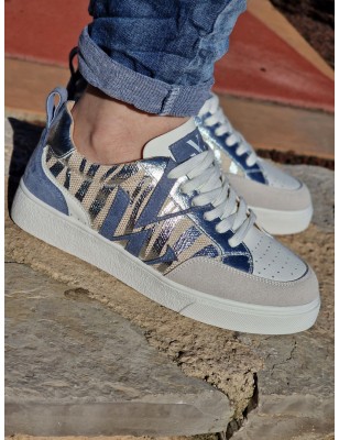 Baskets Vanessa Wu BK2555 Joyce beige et bleu multi-matières avec motif zébré argenté