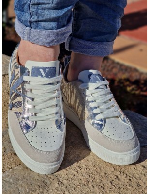 Baskets Vanessa Wu BK2555 Joyce beige et bleu multi-matières avec motif zébré argenté
