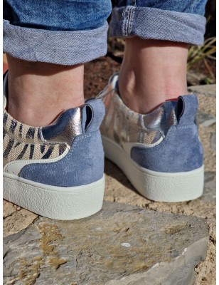 Baskets Vanessa Wu BK2555 Joyce beige et bleu multi-matières avec motif zébré argenté