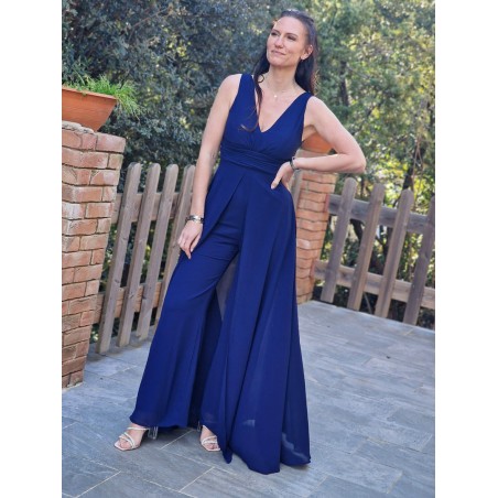 Combi-pantalon de cérémonie Velvet bleu marine en voilage effet robe