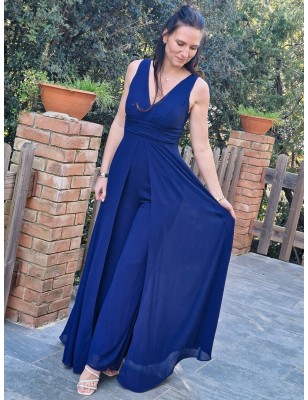 Combi-pantalon de cérémonie Velvet bleu marine en voilage effet robe