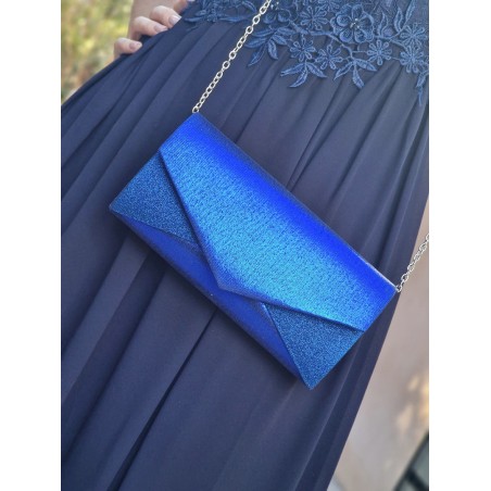 Pochette de cérémonie Adriane bleu électrique pailleté, avec rabat irisé et chainette bandoulière