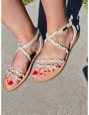 Sandales femme LPB Frannie C02A98 dorées et blanches avec lanières tressées