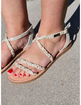 Sandales femme LPB Frannie C02A98 dorées et blanches avec lanières tressées