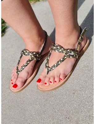 Sandales femme LPB Fiza C02A099 noires et dorées avec lanières tressées