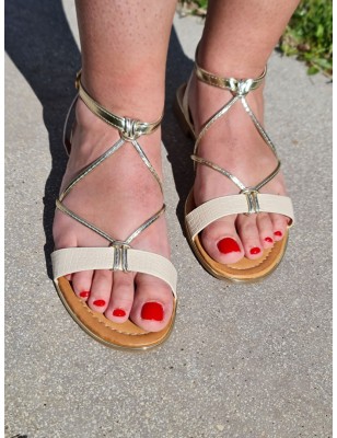 Sandales femme Elliana beiges avec brides dorées entrecroisées et effet croco