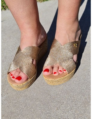 Mules femme compensées LPB Florenza rose gold, avec large bride effet corde irisée