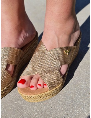 Mules femme compensées LPB Florenza rose gold, avec large bride effet corde irisée