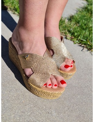 Mules femme compensées LPB Florenza rose gold, avec large bride effet corde irisée
