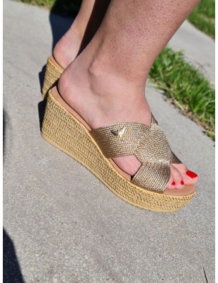 Mules femme compensées LPB Florenza rose gold, avec large bride effet corde irisée