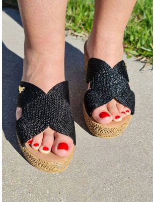 Mules femme compensées LPB Florenza noires, avec large bride effet corde irisée