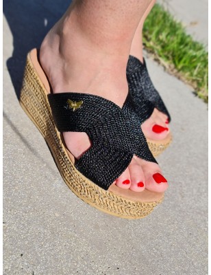 Mules femme compensées LPB Florenza noires, avec large bride effet corde irisée