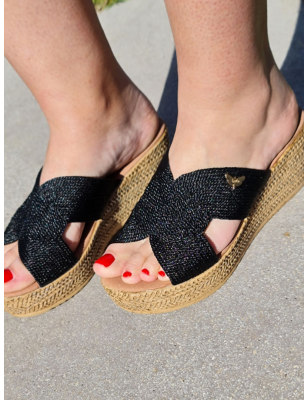 Mules femme compensées LPB Florenza noires, avec large bride effet corde irisée
