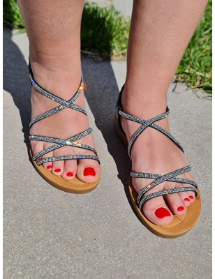 Sandales femme Tina noires avec brides en strass et élastique à la cheville