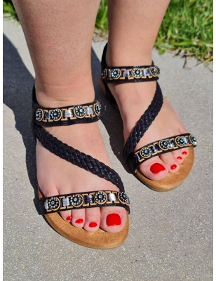 Sandales femme Camelia noires avec brides et fleurs strass, élastique au niveau de la cheville