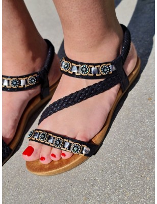 Sandales femme Camelia noires avec brides et fleurs strass, élastique au niveau de la cheville