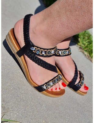 Sandales femme Camelia noires avec brides et fleurs strass, élastique au niveau de la cheville