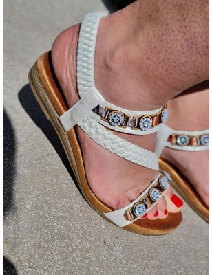 Sandales femme Camelia argentées avec brides et fleurs strass, élastique au niveau de la cheville