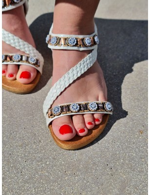 Sandales femme Camelia argentées avec brides et fleurs strass, élastique au niveau de la cheville