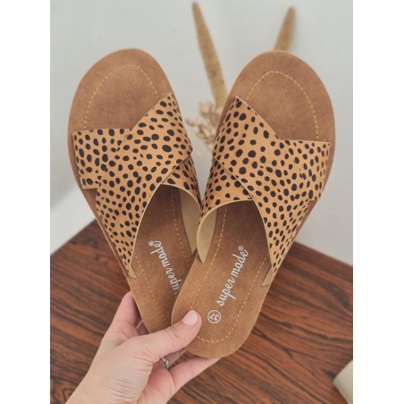 Mules femme Naomi en suédine avec grosse brides croisées motif léopard