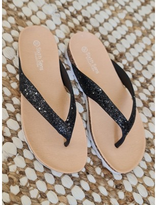 Tongs femme Oriane noires pailletées avec semelle crantée