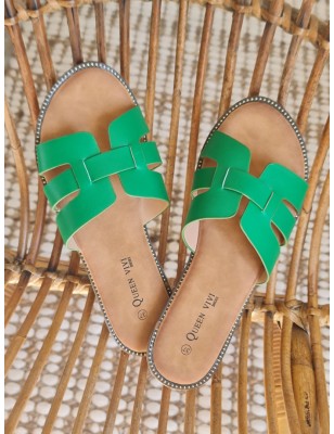 Mules femme Becky vertes avec brides ajourées