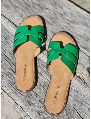 Mules femme Becky vertes avec brides ajourées