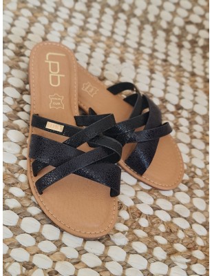 Mules LPB Funda C02U062 noires brillantes avec brides entrelacées effet craquelé