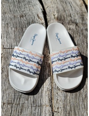 Claquettes Pepe Jeans Slider Set blanches avec grosse bride et inscriptions