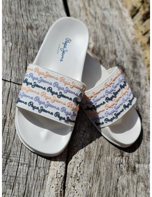 Claquettes Pepe Jeans Slider Set blanches avec grosse bride et inscriptions