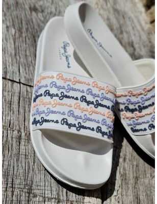 Claquettes Pepe Jeans Slider Set blanches avec grosse bride et inscriptions