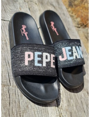 Claquettes Pepe Jeans Slider Knit noires avec grosse bride en tissu et inscription