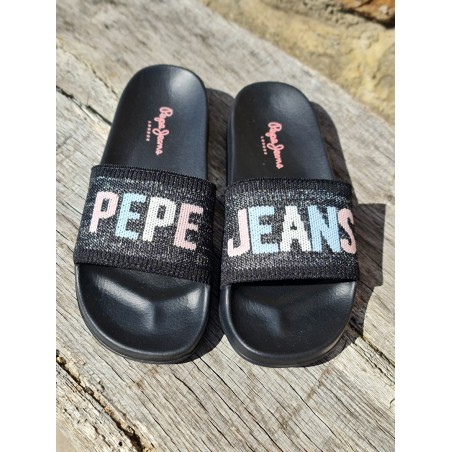 Claquettes Pepe Jeans Slider Knit noires avec grosse bride en tissu et inscription