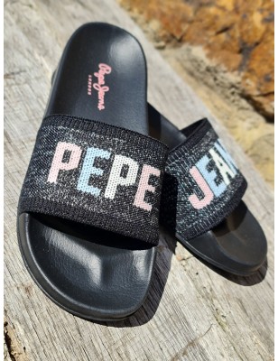 Claquettes Pepe Jeans Slider Knit noires avec grosse bride en tissu et inscription