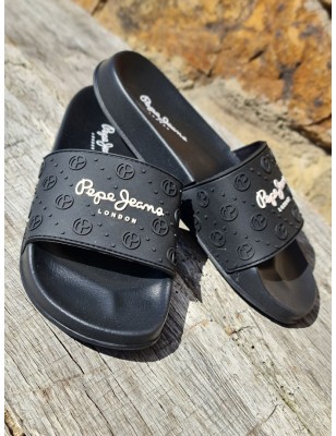 Claquettes Pepe Jeans Slider Plain noires avec grosse bride et logos en relief