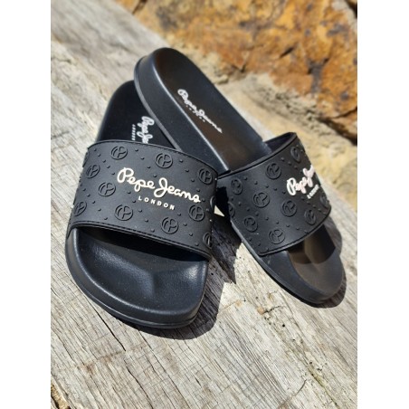 Claquettes Pepe Jeans Slider Plain noires avec grosse bride et logos en relief