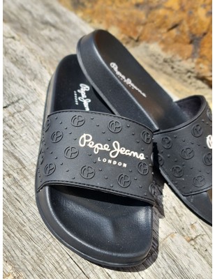 Claquettes Pepe Jeans Slider Plain noires avec grosse bride et logos en relief