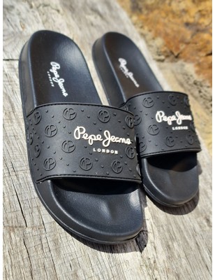 Claquettes Pepe Jeans Slider Plain noires avec grosse bride et logos en relief