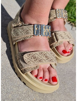 Sandales Guess Fabelis2 beiges avec brides scratch et logos 4G marrons