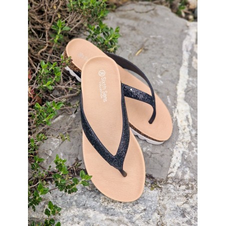 Tongs femme Oriane noires pailletées