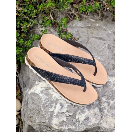 Tongs femme Oriane noires pailletées avec semelle crantée