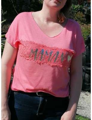 Tee-shirt ample manches courtes "Maman" rose