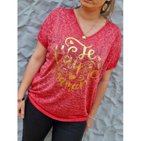 Tee-shirt ample manches courtes "Je t'aime maman" rouge