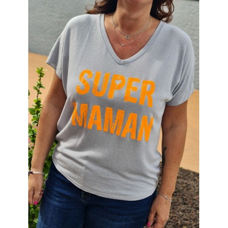 Haut manches courtes gris "Super maman" col V avec inscription fluo