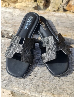 Mules femme Assia noires avec bride ajourée légèrement pailletée et effet tressé